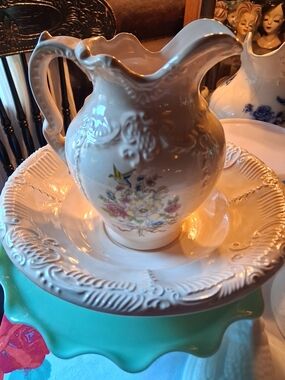 Vintage White Floral Ceramic Pitcher and Bowl Set